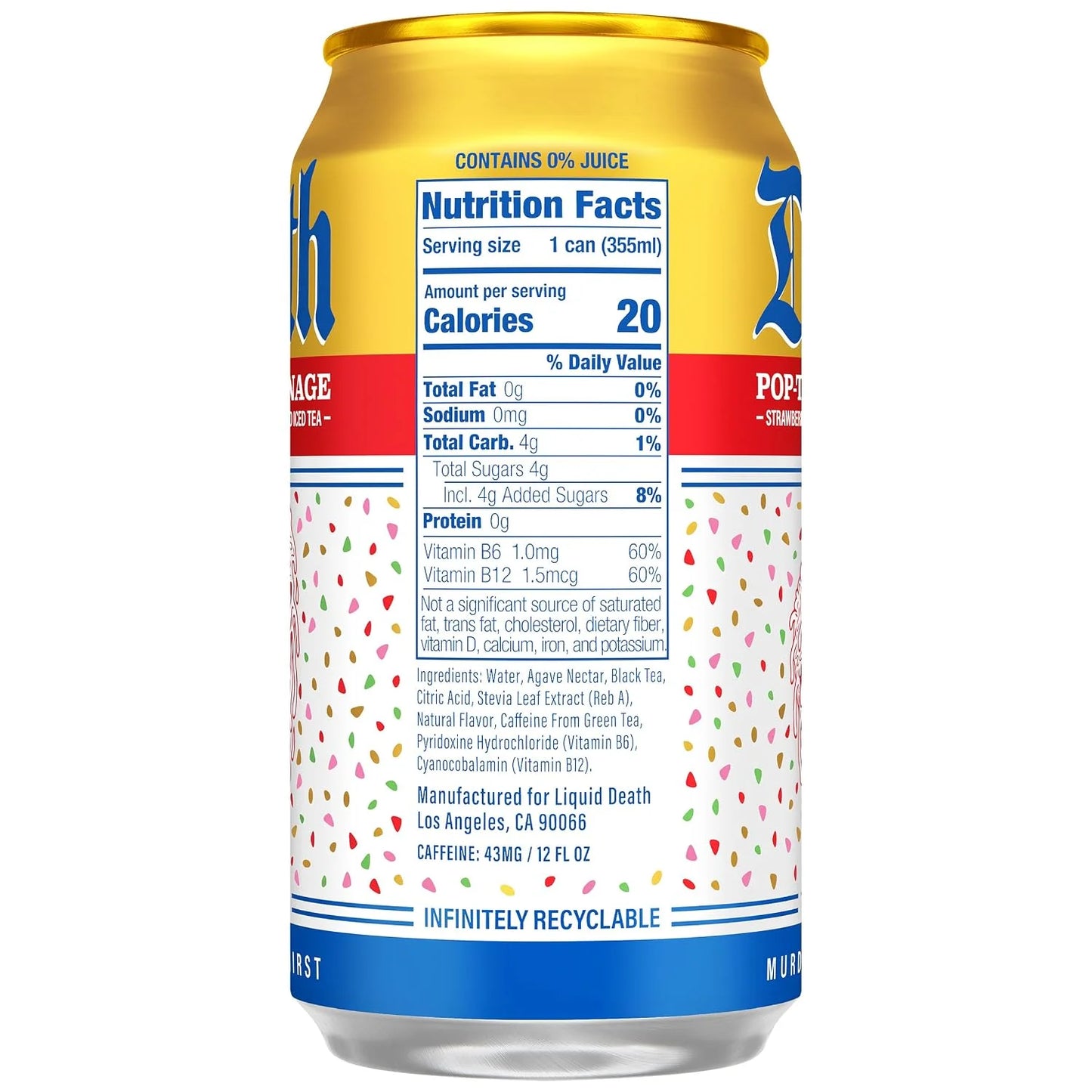 Liquid Death Iced Tea, Pop-Tarts™ Carnage (Pop-Tarts® Frosted Strawberry Toaster Pastry Flavored Black Tea), Less Sugar*, Boost of Caffeine, B Vitamins, No Artificial Sweeteners, 12 Fl Oz (Pack of 12)