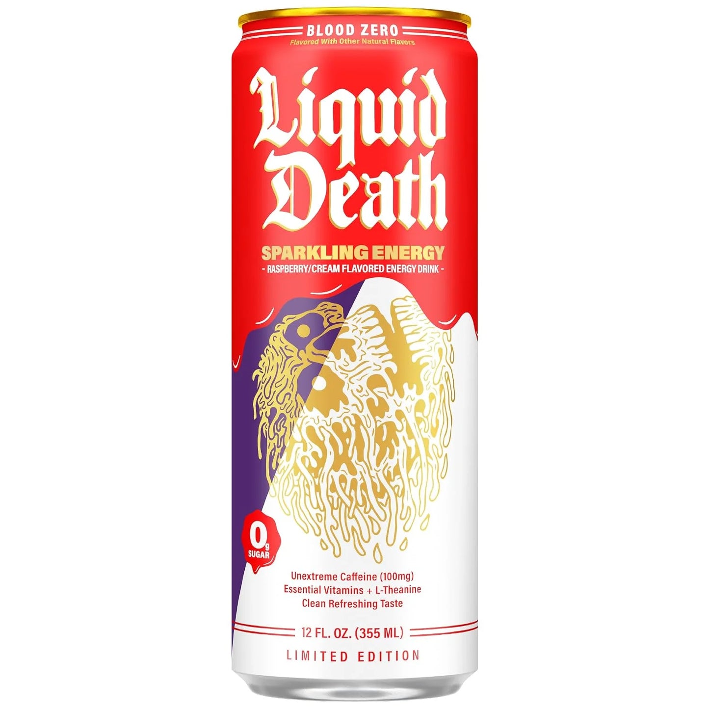 Liquid Death Sparkling Energy - Blood Zero (Raspberry Cream), Zero Sugar Energy Drink, Unextreme Caffeine 100mg, Essential Vitamins, 12 Fl Oz (Pack of 12)