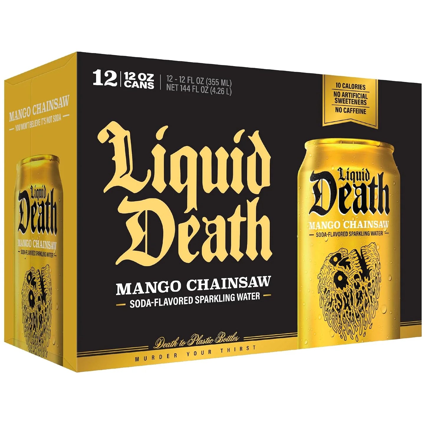 Liquid Death Soda-Flavored Sparkling Water - Mango Chainsaw (Mango Orange), Less Sugar*, Huge Flavor, No Caffeine, No Artificial Sweeteners, 12 Fl Oz (Pack of 12)